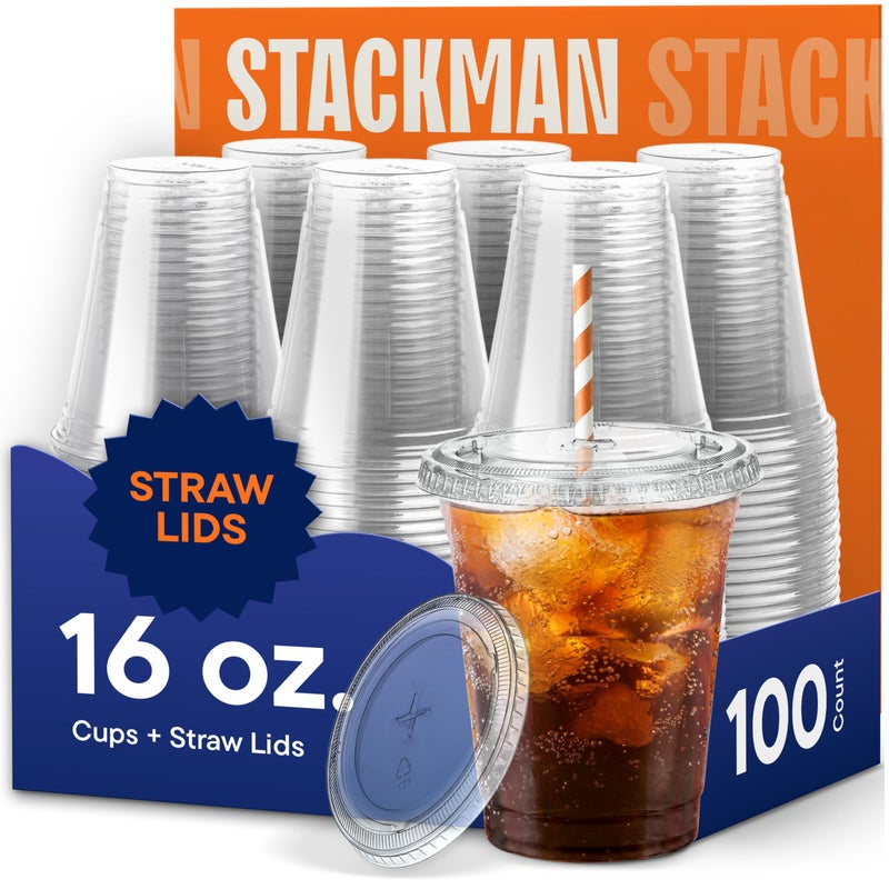 Stack Man 16 oz Clear Plastic Cups with Straw-Slot Lids [100 Sets] PET Crystal Clear Disposable Cups with Lids - Durable Cup. BPA Free + Crack Resistant, for Coffee, Juice, Shakes - Image 1